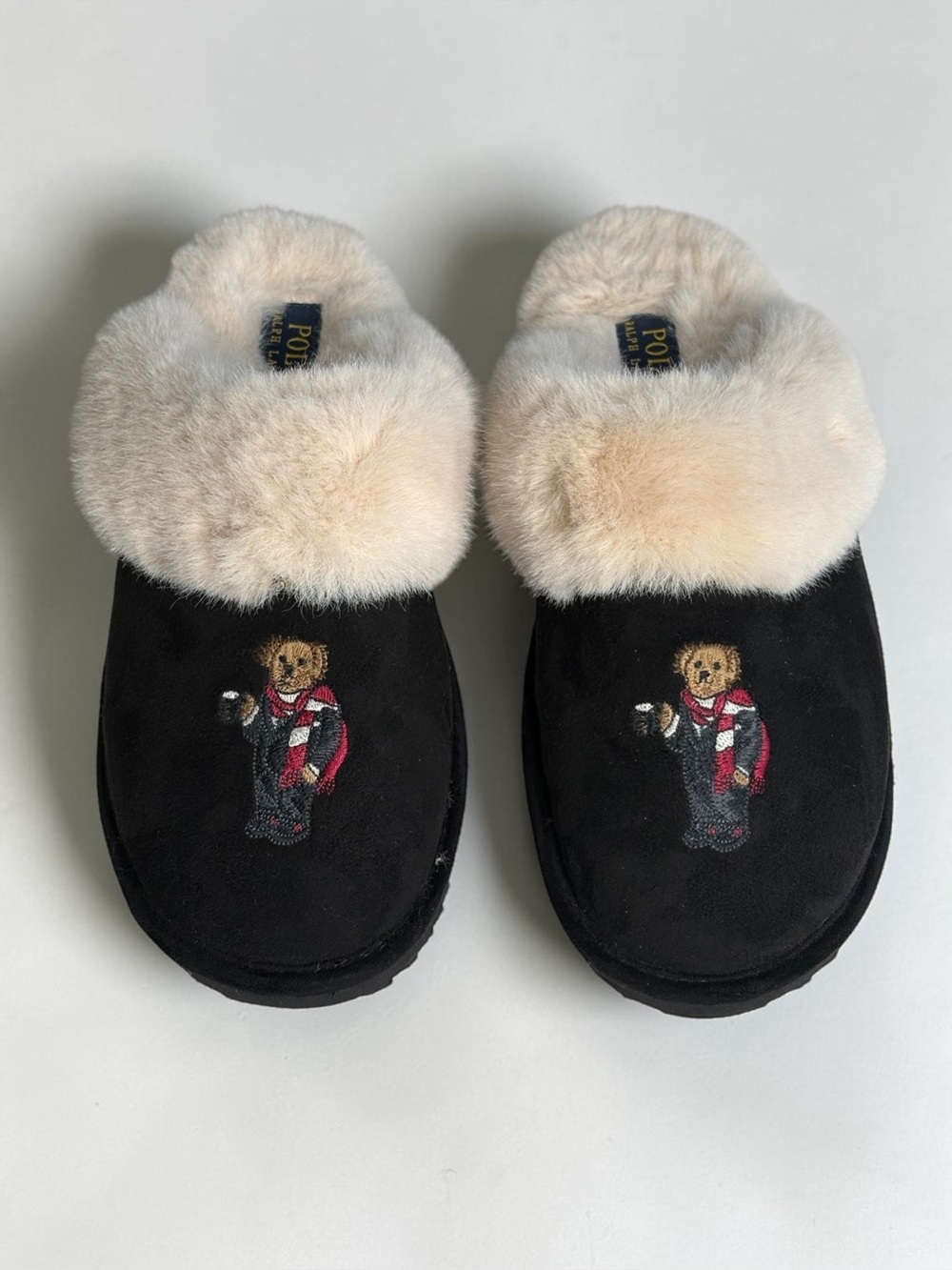 Polo Ralph Lauren Charlotte Cocoa Bear Faux Shearling Slippers Black US Size 7